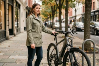 Femme sécurisant son vélo électrique en ville, idéal pour illustrer l'assurance vélo électrique