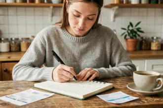 Femme remplissant un tableau de budget mensuel à la main dans une cuisine moderne et sobre