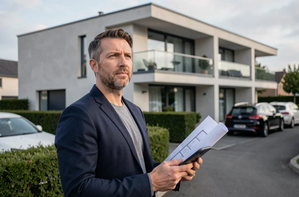 Futur propriétaire évaluant un bien immobilier avec des plans de financement pour un crédit BPVF