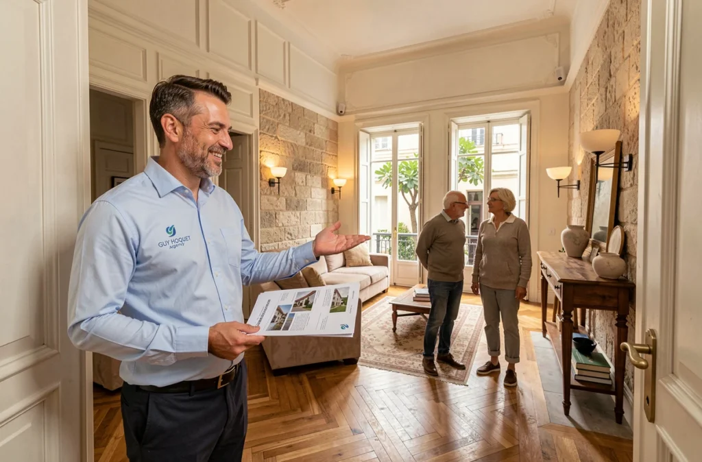 Agent Guy Hoquet Nîmes faisant visiter un appartement rénové en centre-ville à un couple d'investisseurs