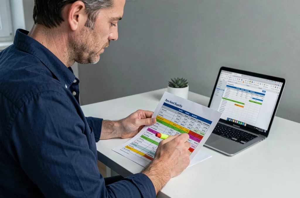 Homme analysant un tableau budget zéro dépense superflue dans un bureau minimaliste à domicile