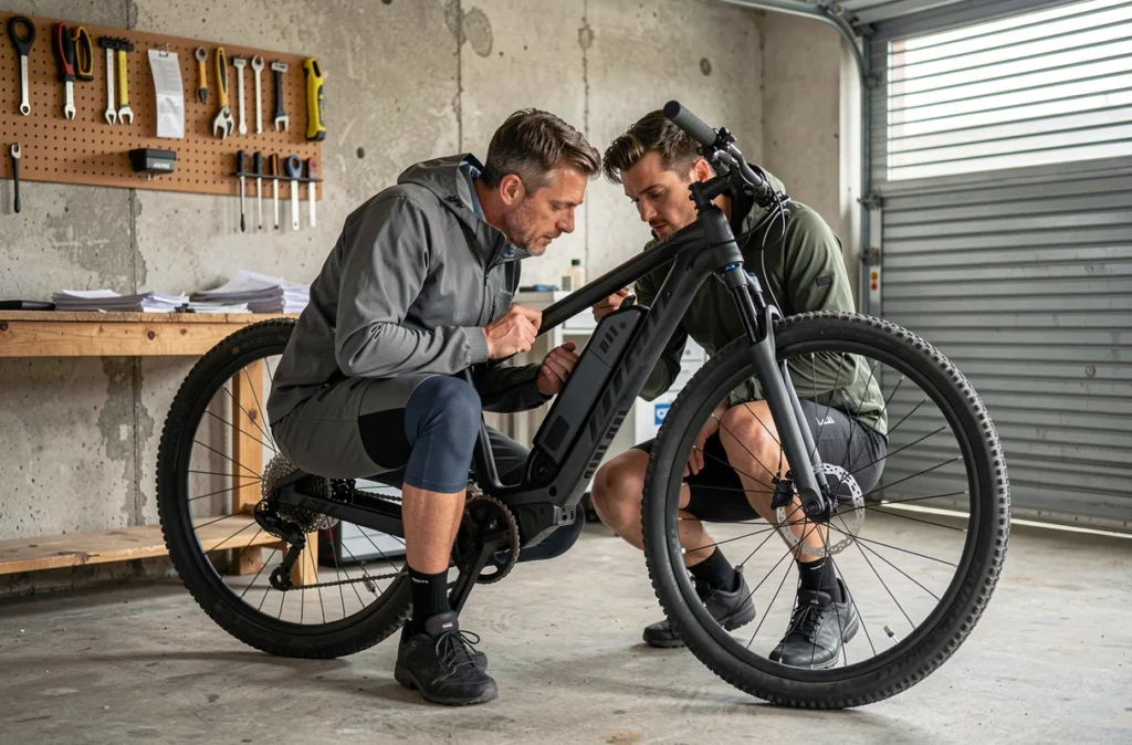 Homme inspectant son vélo électrique de montagne dans un garage avant de souscrire une assurance