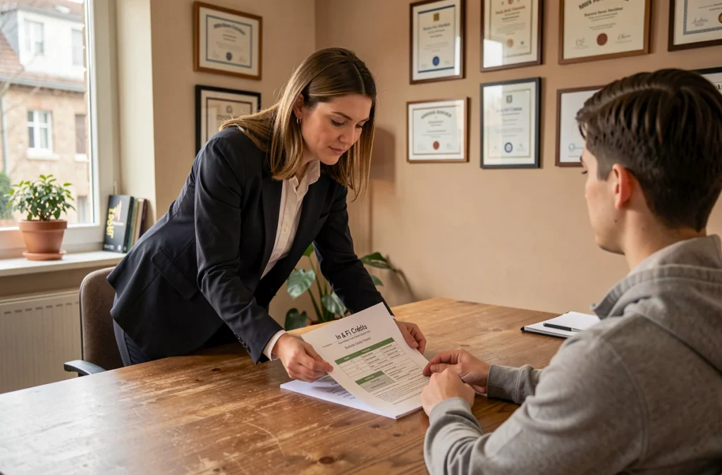 Courtière In & Fi Crédits Troyes présentant un plan de financement sur mesure à un couple de clients