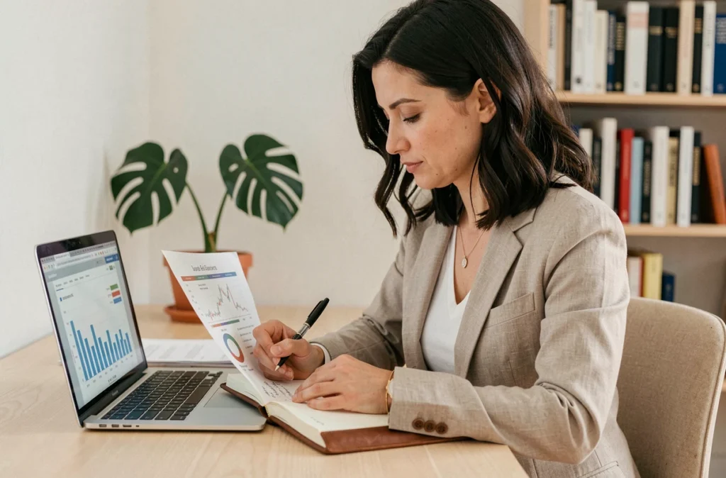 Investisseuse analysant les rendements d'une SCPI en nue-propriété partagée depuis son bureau à domicile