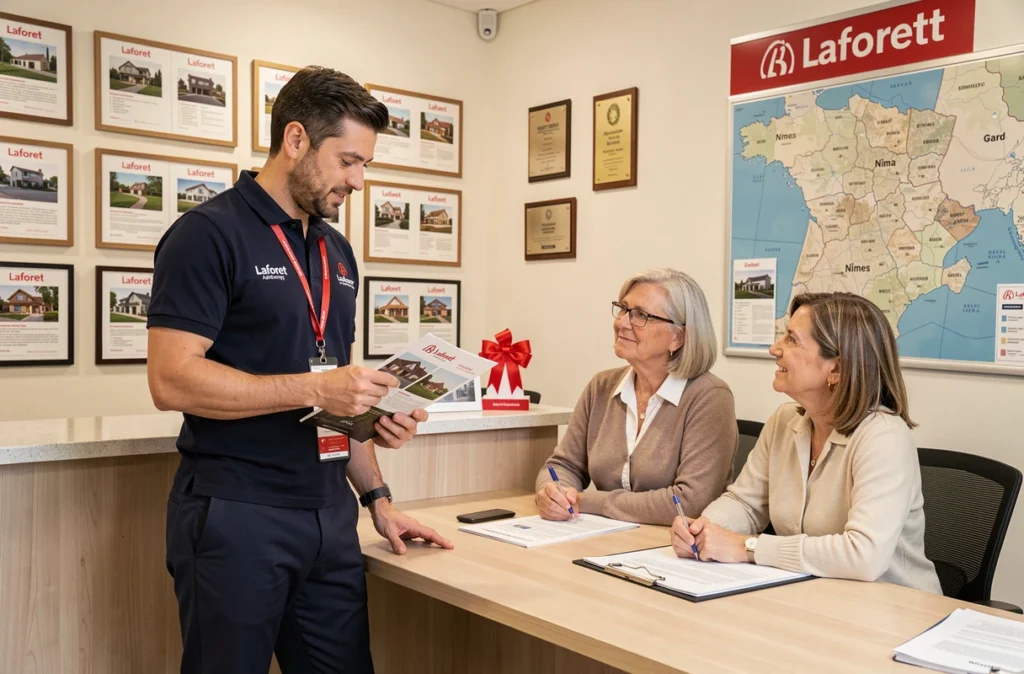 Conseiller Laforêt Nîmes expliquant un dossier d'investissement locatif à un couple dans l'agence immobilière