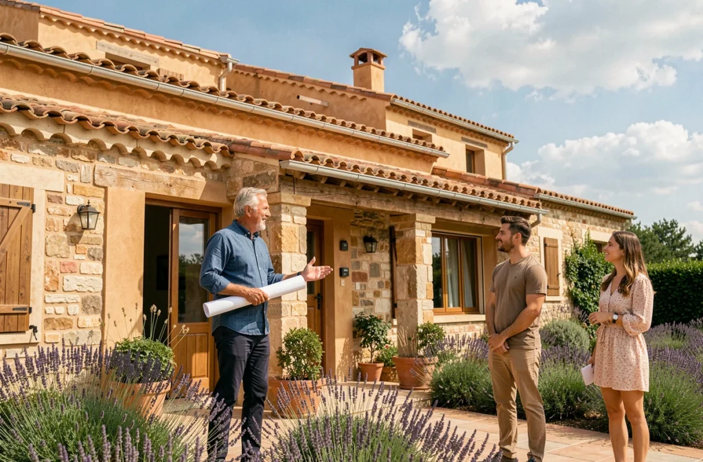 Conseiller de Maisons Clair Logis présentant une maison neuve de style provençal à un couple d'acheteurs dans le Gard
