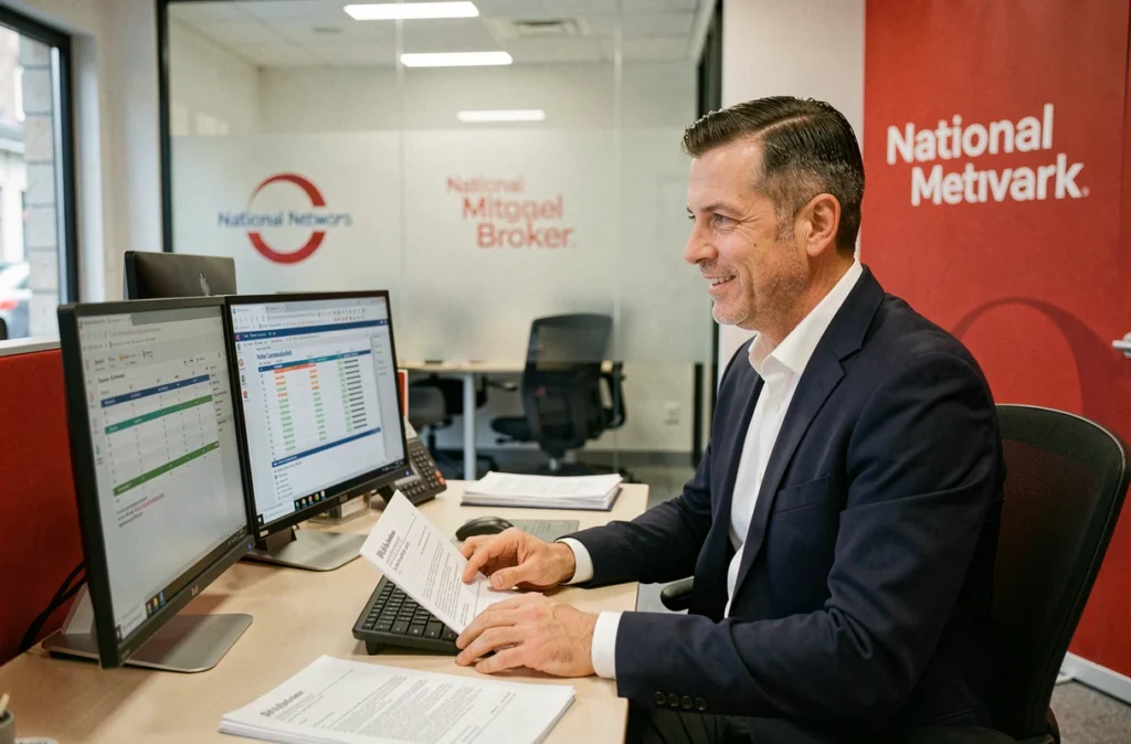 Courtier Meilleurtaux à Troyes assis à son bureau comparant des taux de crédit immobilier sur ordinateur