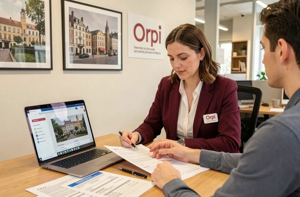 Conseillère Orpi Nîmes révisant un contrat de location avec un jeune couple dans l'agence immobilière