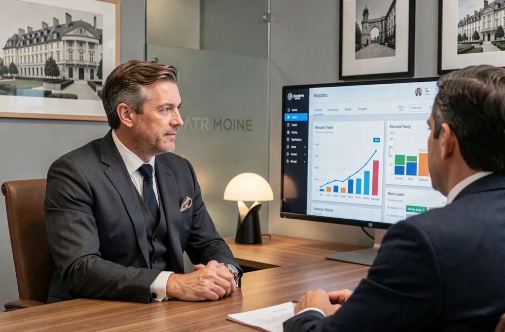Conseiller de Patrimoine Store analysant un tableau de bord de rendement locatif avec un client dans un bureau épuré