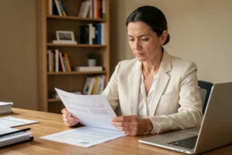Femme consultant des documents d'assurance emprunteur à son bureau à domicile pour renégocier son contrat