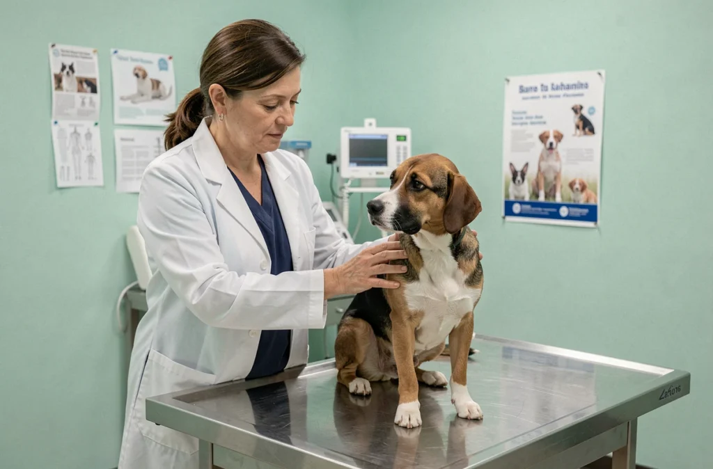 Vétérinaire examinant un chien en clinique, illustrant l'importance d'une assurance santé animale
