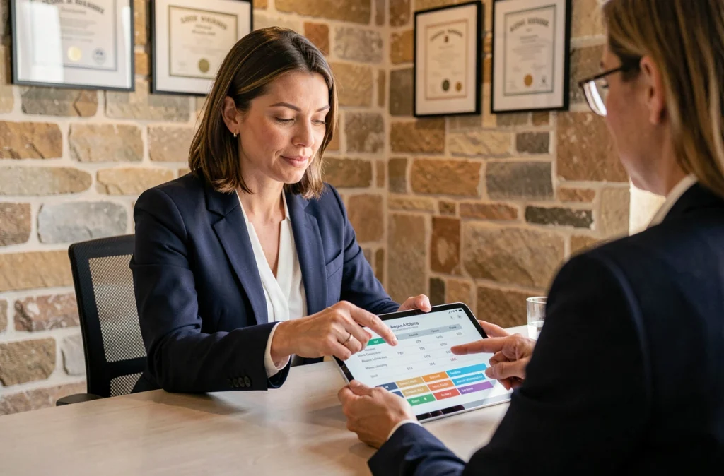 Conseillère Ymanci à Angoulême présentant des options de crédit immobilier à un client sur une tablette dans un bureau moderne