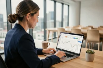 Comptable femme utilisant un logiciel de comptabilité cloud sur un ordinateur portable dans un bureau moderne