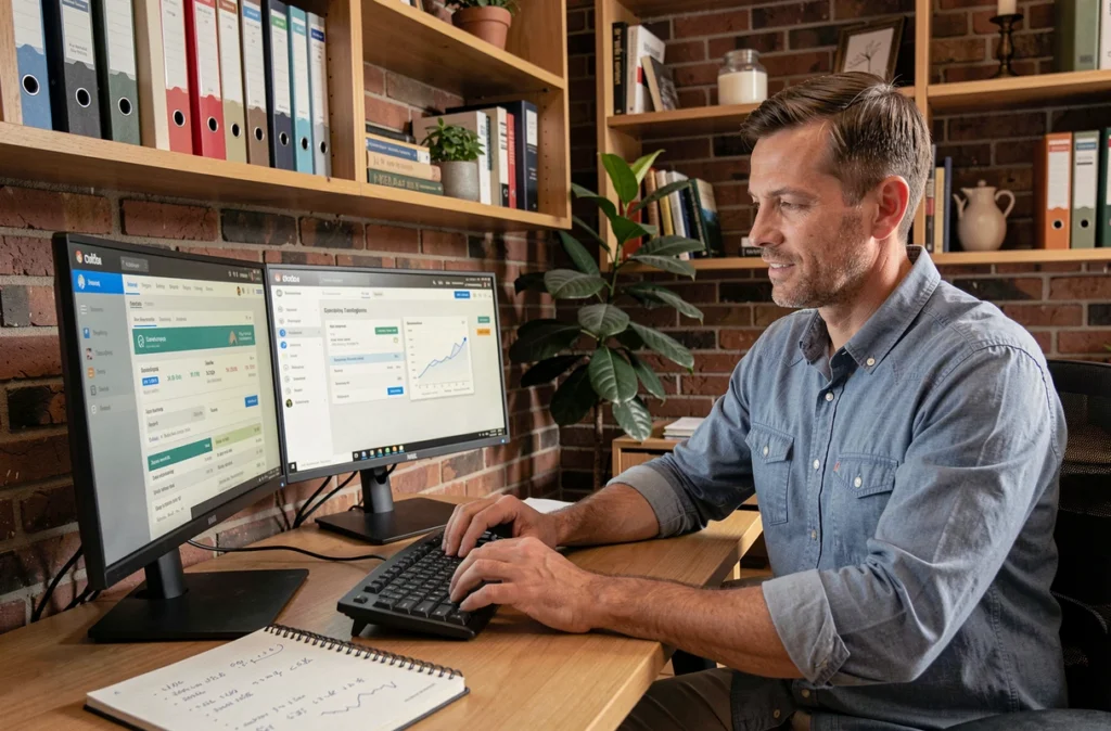 Homme en télétravail gérant sa comptabilité à distance sur double écran avec logiciel cloud